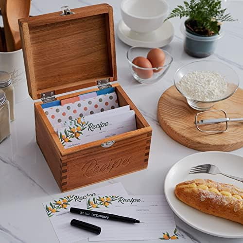 Acacia Wood Small Recipe Box with 100 Cards 4x6, 8 Dividers - Wooden Recipe Box Set Double Compartment Organizer Keeper with Thick Card Stock - Cards Holder Stand for Kitchen Counter