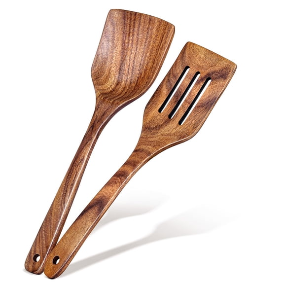 Acacia Wood Spatulas 2Pcs, Nonstick Pan Safe Turner Set, Solid and Slotted Design, Long Handle for Flipping Food, Kitchen Utensils Gift for Grandma Mom, Brown