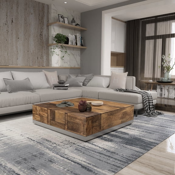 Acacia Wood Square Coffee Table with Geometric Design / For Relaxing at Home / Brings Unique Charm to Space