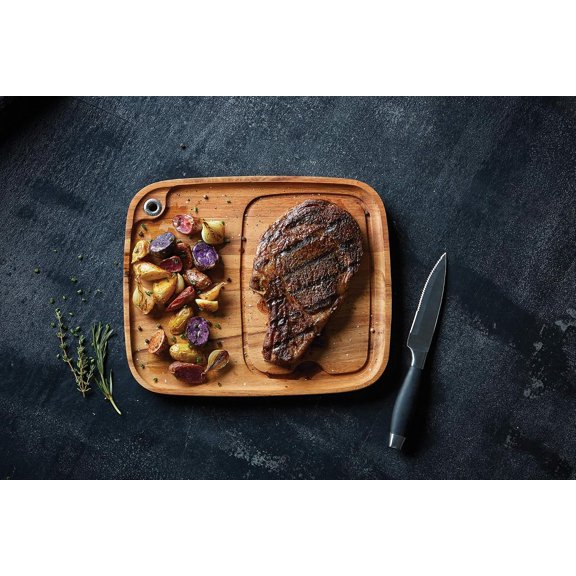 Acacia Wood Steak Plate and Meat Cutting Board, 11x13 Inch Rectangle Wooden Serving Platter with Juice Groove and Hanging Grommet for BBQ, Porterhouse, Ribeye, and Burgers