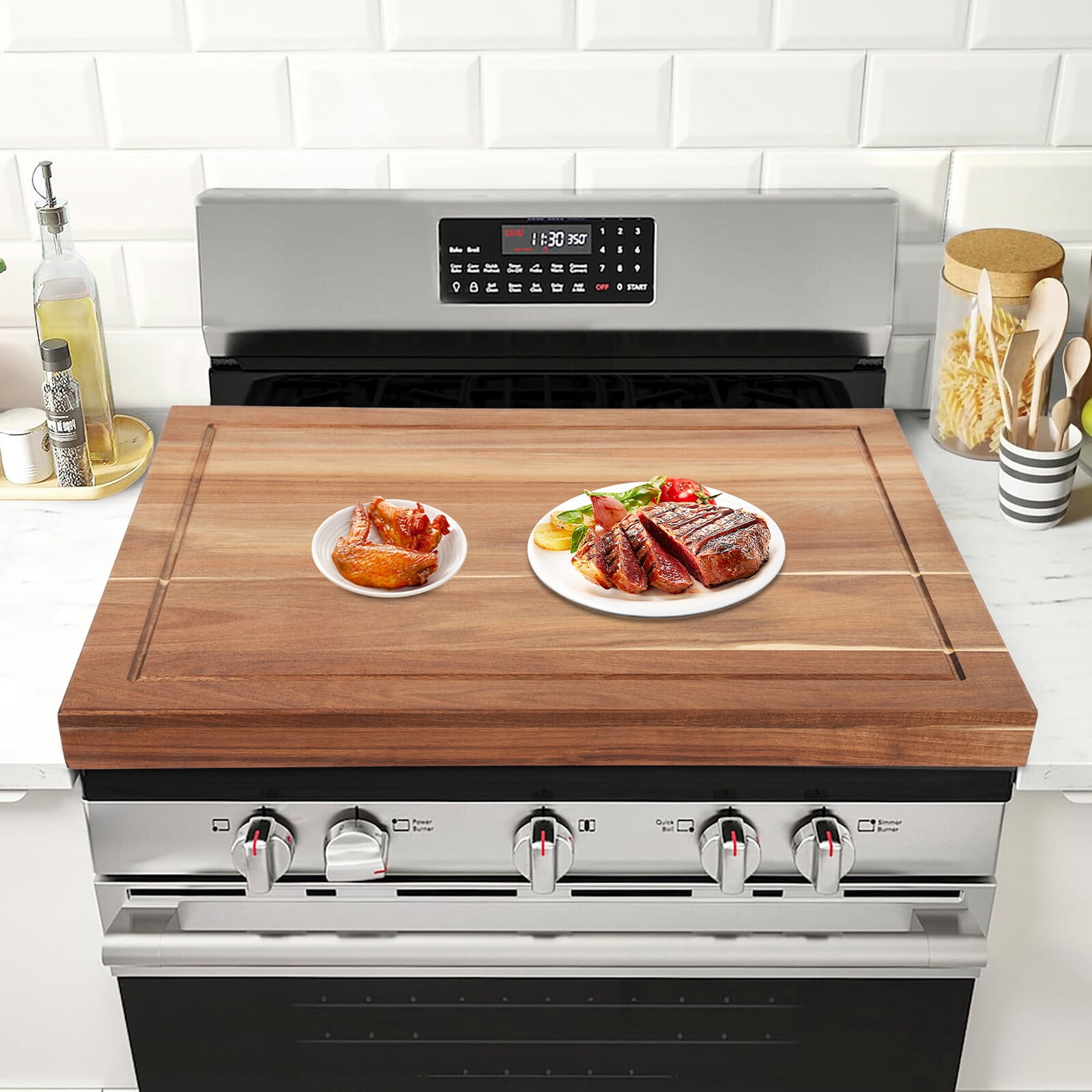 Acacia Wood Stove Cover – Multi-Purpose Cutting Board, Serving Tray, and Charcuterie Board, 28.7 X 20.6 Inches, Durable, Easy To Clean, Elegant Kitchen Accessory