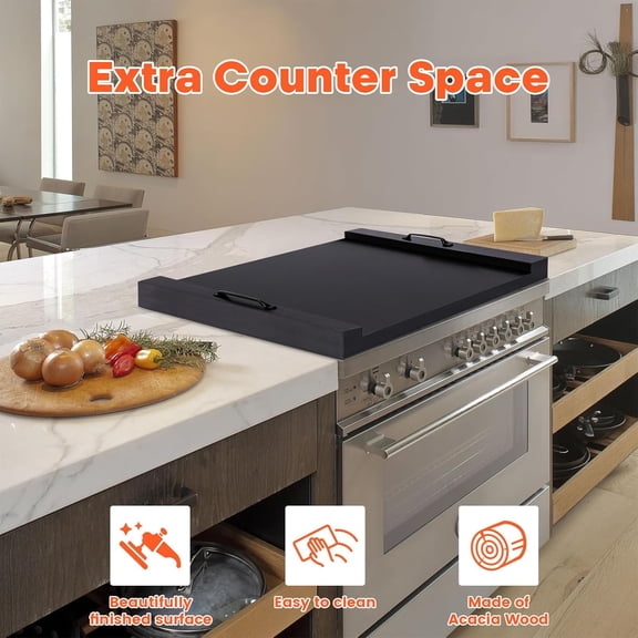 Acacia Wood Stove Top Cover with Handle - Multi-Use Cutting Board for Gas Electric Induction Ceramic Cooktops, Large Serving Tray for Kitchen Decor and Food Prep