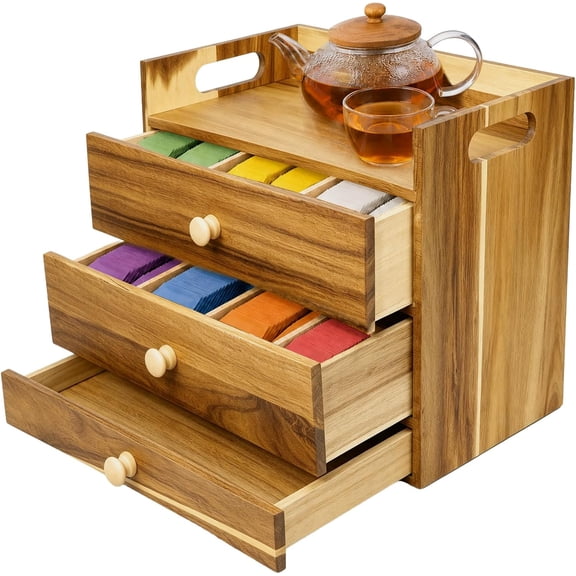 Acacia Wood Tea Bag Organizer, 3-Tier Tea Organizers with 14 Compartments | Tea Organizers and Storage Box, Tea Bag Holder Container for Countertop, Tea Accessories Gift Box with Drawer