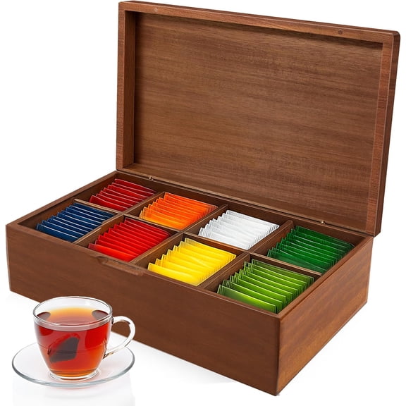 Acacia Wood Tea Bag Organizer Box  8-Compartment Tea Storage Container Tea Caddy Holder with Removable Dividers  Rustic Tea Chest for Kitchen Counter, Coffee & Tea Station, Gifts