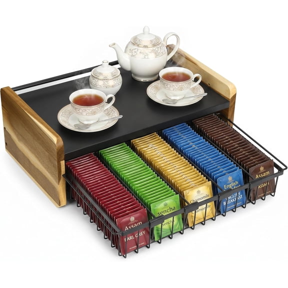 Acacia Wood Tea Bag Organizer for Countertop, 2-Tier Tea Box Storage Chest with Adjustable Dividers & Drawer, Fully Assembled Tea Station Display Holder for Kitchen Office, Rustic Brown