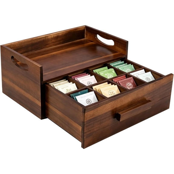 Acacia Wood Tea Bag Organizer Drawer with 12 Compartments, Premium Wooden Tea Box Storage Caddy & Multi Functional Countertop Tea Station