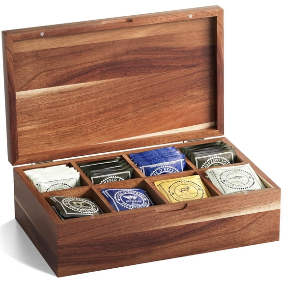 Acacia Wood Tea Bag Organizers, Tea and Sugar Packet Storage Chest with Lid, Wooden Teabag Holder Containers,Tea Box with 8 Compartments