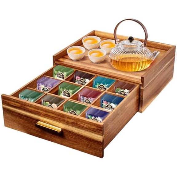 Acacia Wood Tea Holder Organizer,Tea Box Organizer Storage Box,Tea Caddy for Tea Bags Organizer Drawer,with12 Compartments Multi-Functional Tea Station Chest for Countertop