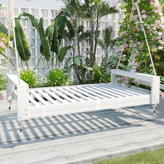 Acacia Wood Twin Size Patio Porch Swing Bed (Hemp Ropes, Garden/Backyard), White