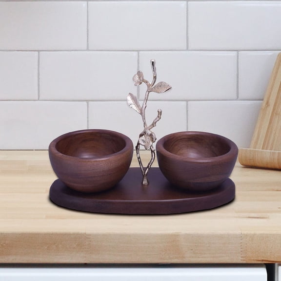 The Milli Collection Acacia Wood Two Small Nut Bowls Branch with Milli Flowers and Leaves in Gold Finish For Candies and Nuts Home Decor Item Wood Nut Serving Bowl 11.14 x 4.61 x 8.27 inches