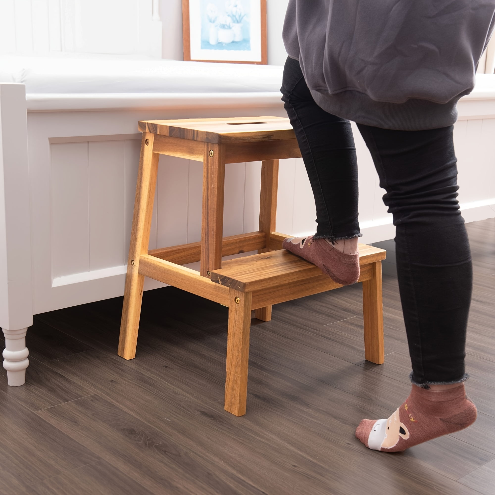 Acacia Wood Two Step Stool Small Size Rectangle, Toddler Step Stool 250lbs Wooden Adults and Kids 2 Steps Stools Footstools for Kitchen Living Room Sofas Sub-Stool