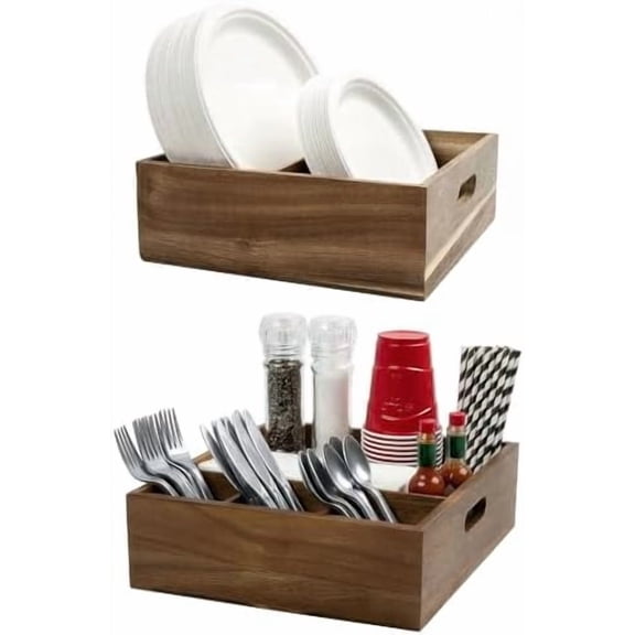 Acacia Wood Utensil Caddy for Parties (Set of 2) - 11" x 9.5" Utensil Holder for Party & Silverware Caddy for Countertop - Holds Plates, Napkins, Cups, Spoons, Forks - Kitchen Accessories