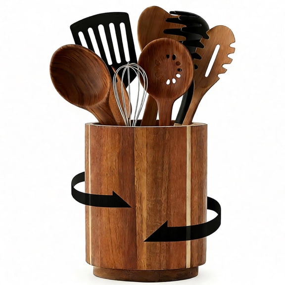 Acacia Wood Utensil Holder - 360 Rotating Countertop Organizer with Non-Slip Base, Large Capacity Kitchen Utensil Crock for Spatula, Spoon & Cooking Tools