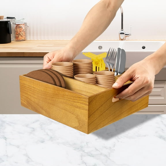 Acacia Wood Utensil Holder for Party - Paper Plate Organizer for Countertop - Silverware Caddy with 6 Compartments for Plate, Cup, Fork, Spoon - Cutlery Holder for Kitchen Camping Buffet