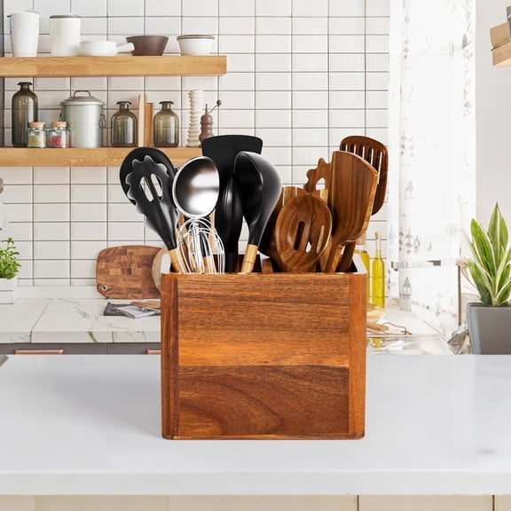 Acacia Wood Utensil Holder for Kitchen Counter - 2 Compartment Farmhouse Organizer with Drying Holes, Natural Wood Spoon Rest