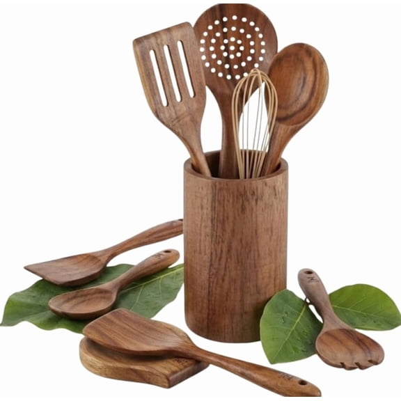 Acacia Wood Utensil Set, 10 Piece Nonstick Safe Kitchen Cooking Tools with Spatula and Whisk