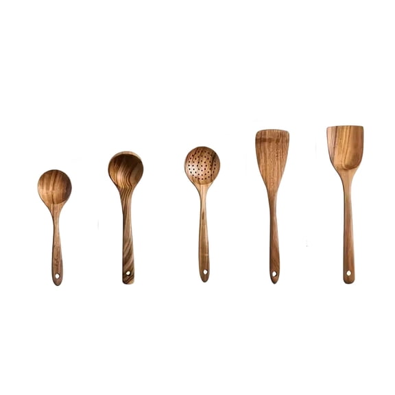 Acacia Wood Utensils, Wooden Cooking Utensils Set, Nonstick Cookware Compatible, 12 in Handles, Brown Finish, 5 Pc, Home and Kitchen, Daily Meal Prep
