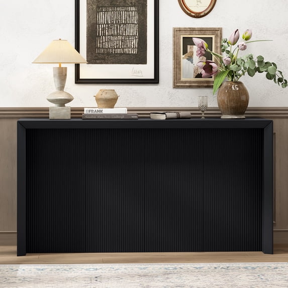 Acacia Wood Veneer Simple Entryway Table with Wavy Design,Suitable for Study, Entryway, Hallway, Living Room, Foyer (Black)