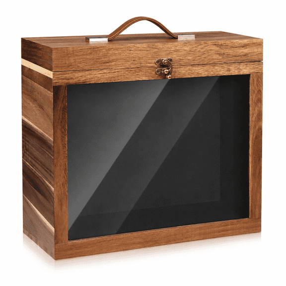 Acacia Wood Vinyl Record Storage Box - LP Holder with Acrylic Display Window and Soft Lining, Holds 30-35 12 Inch Albums, Portable Case for Music Collection (Natural Wood)