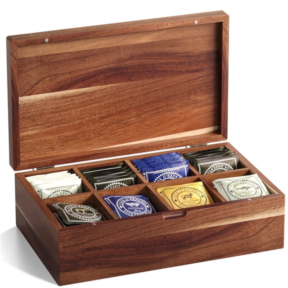 Danfoxer Acacia Wood Tea Bag Organizers, Tea and Sugar Packet Storage Chest with Lid, Wooden Teabag Holder Containers,Tea Box with 8 Compartments