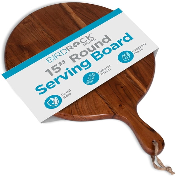 Acacia Wooden Cheese Serving Board with Handle - Charcuterie, Appetizers, Kitchen Platter, Grazing Board, Pizza, Meat, Bread, Cutting, Party, Food Display Tray - Espresso, 15", Round