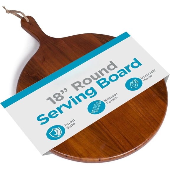 Acacia Wooden Cheese Serving Board with Handle - Charcuterie, Appetizers, Kitchen Platter, Grazing Board, Pizza, Meat, Bread, , Party, Display Tray - Espresso, 18", Round