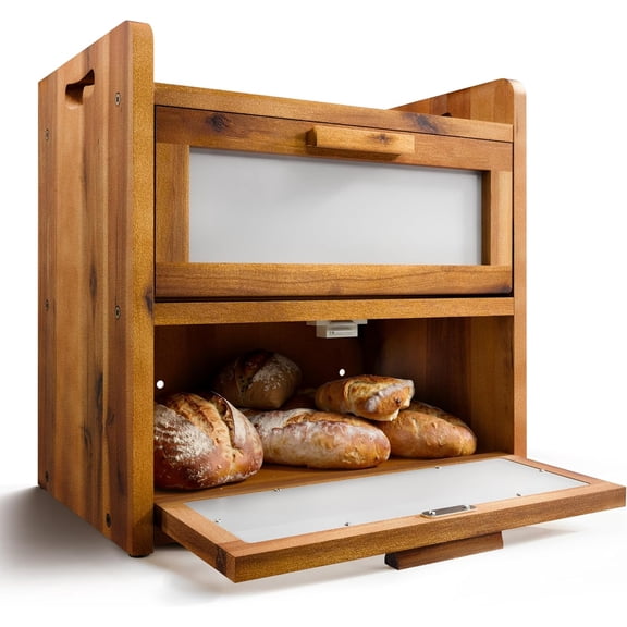 Acacia Wooden Countertop Bread Box, Breadbox for Kitchen Countertop - Bread Holder for Homemade Bread with Acrylic Window, Large 2-Tier Bread Holder For Kitchen Countertop - Assembly Required