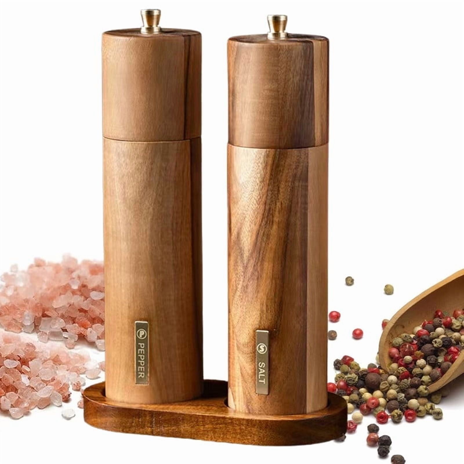 Acacia Wooden Salt and Pepper Grinder Set 8 Inches Refillable Salt and Pepper Mills with Adjustable Coarseness, Acacia Wood with Ceramic Core Peppercorn Shaker Kit with Tray Birthday Gifts (2 Pack B)