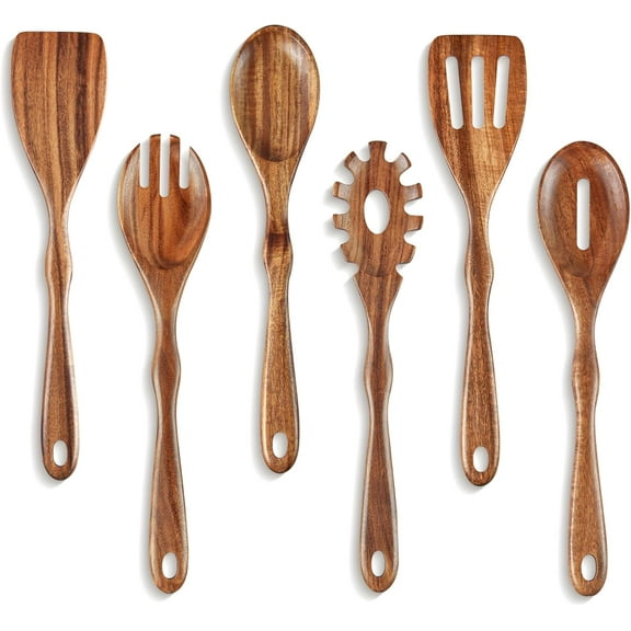 Acacia Wooden Spoons for Cooking 6-Piece Wooden Kitchen Utensil Set with Spatula, Slotted Spoon & Pasta Fork