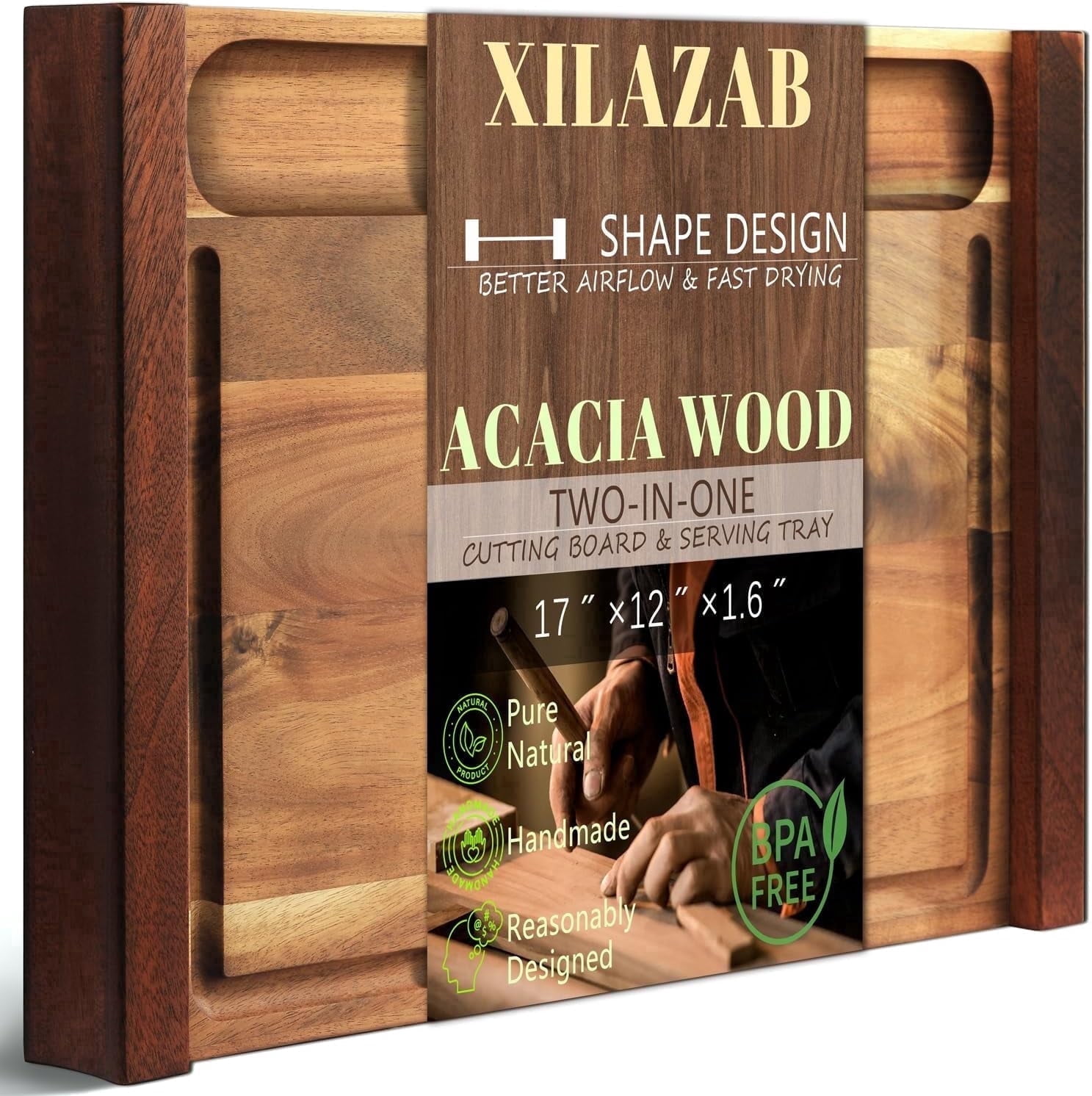 XILAZAB Acacia Wood Cutting & Charcuterie Board​ with Sapele Handles, Dual-Sided, Deep Recessed Well and Juice Grooves, 16.9 x 11.8 x 1.8 Inches, Kitchen Gift