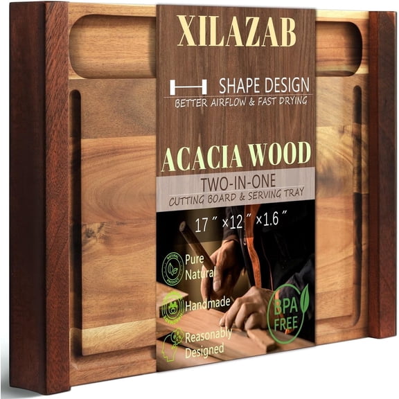 XILAZAB Cutting Board Acacia Wood Sapele Handles Deep Recessed Well Juice Grooves 16.9 x 11.8 x 1.8 Inches Kitchen Gift