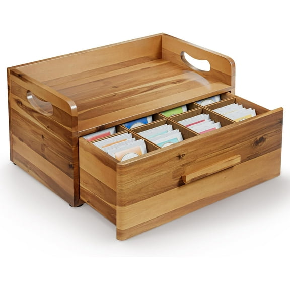Acacia Wooden Tea Box Organizer with Drawer Tea Chest for Tea Bags Storage Tea and Coffee Organizer - Wooden Tea Tray and Containers for Countertop Display (Acacia)