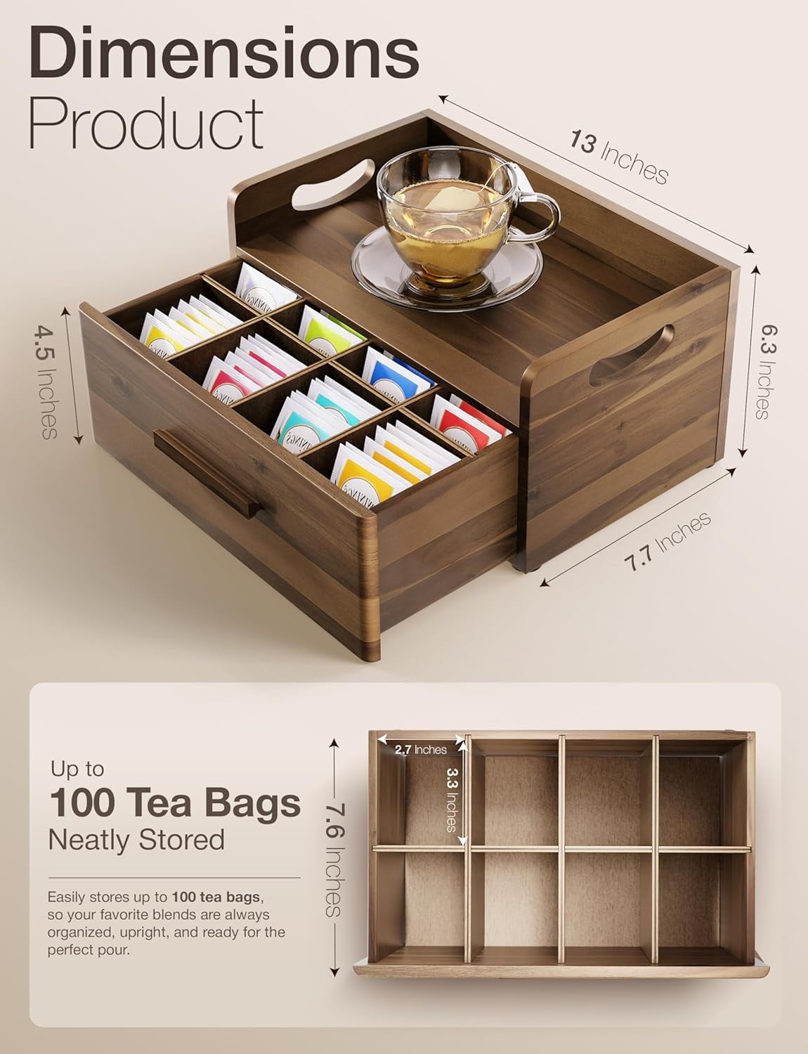 Acacia Wooden Tea Box Organizer with Drawer – Tea Chest for Tea Bags ...