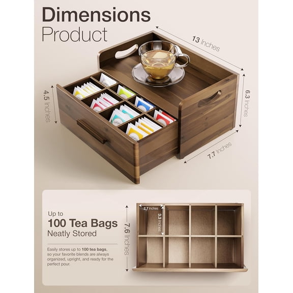 Acacia Wooden Tea Box Organizer with Drawer – Tea Chest for Tea Bags Storage – Tea and Coffee Organizer - Wooden Tea Tray and Containers for Countertop Display (Walnut)