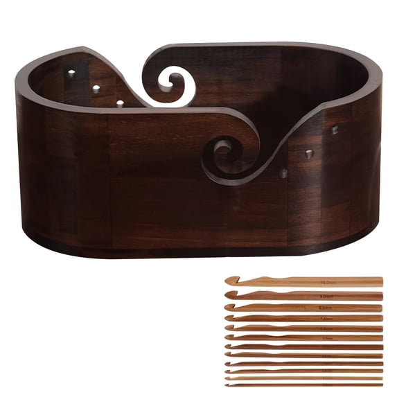 Acacia Wooden Yarn Bowl Kit with 12 Crochet Hooks, Large Capacity Yarn Storage Basket, Dark Brown Handmade Crochet Bowl Organizer for Crocheters, Craft Storage Supplies, Yarn Holder for Knitting, Mot