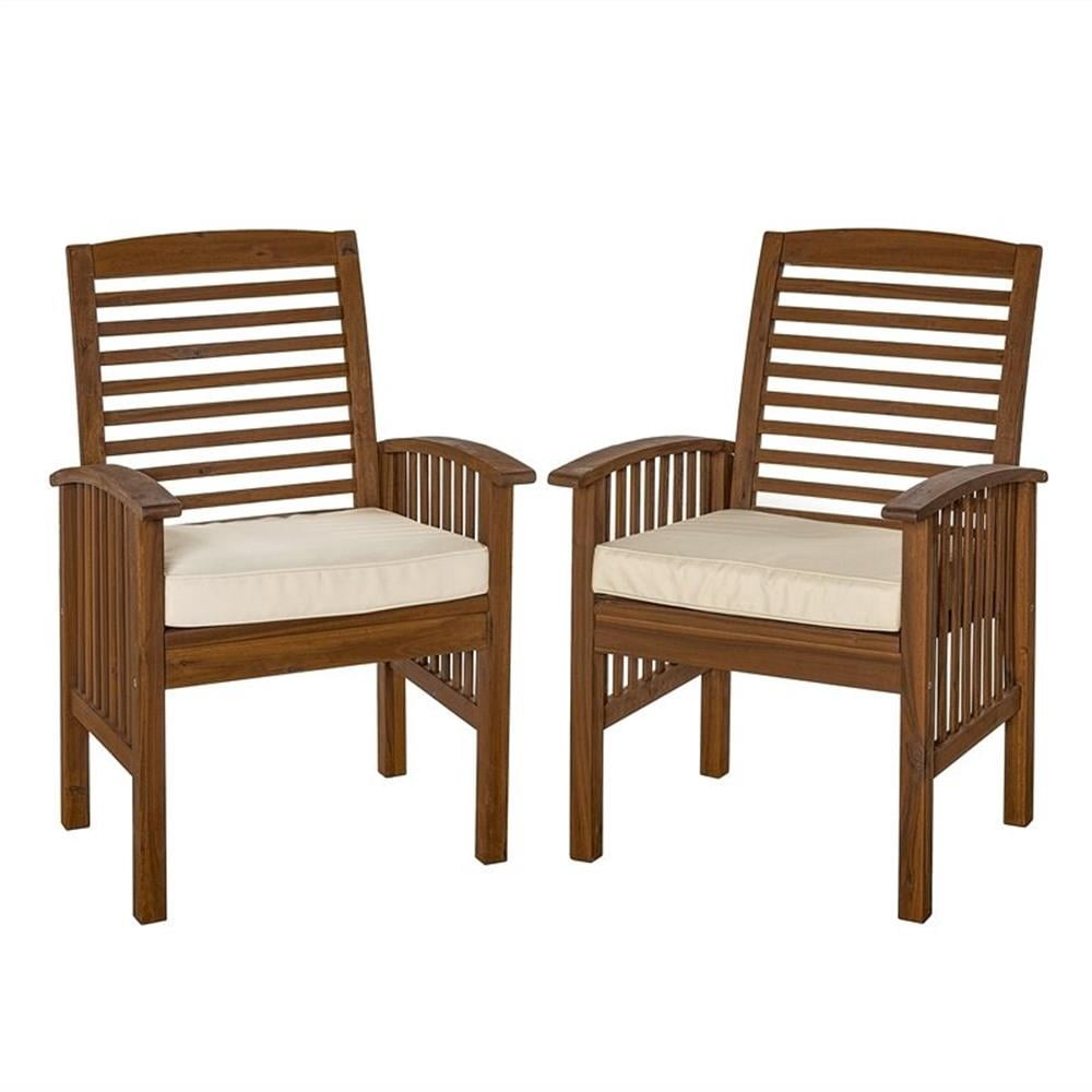 Dark Brown Acacia Wood Patio Chairs with Beige Cushions - Set of 2