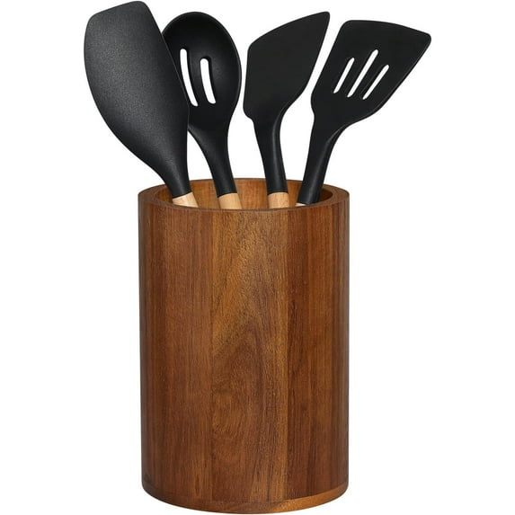 Acacia wood Utensil Holder for Kitchen Counter Decor, Flatware & Utensil Storage Organizer - Kitchen Utensil Organizer for Countertops, Pantry, Bathroom, Office & Center Table