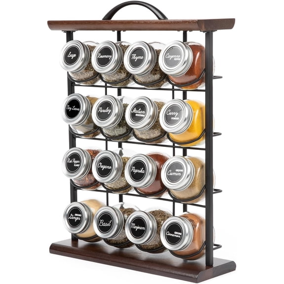 Acacia wood and metal wire spice rack, containing spices, spices, and seasoning storage