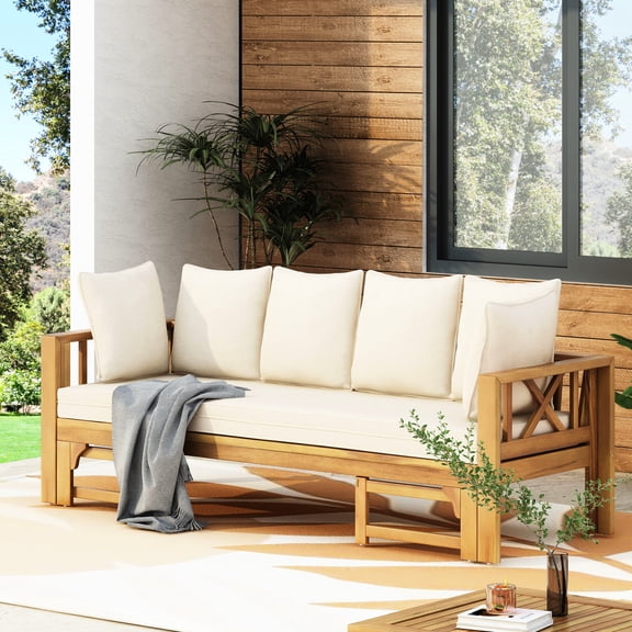 Acacia wood outdoor daybed convertible to sofa suitable for patio gatherings and lounging