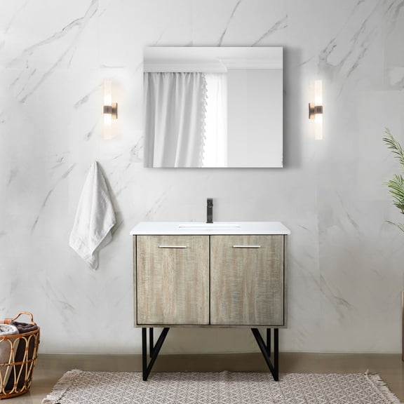 Acacia wood vanity with stain - resistant countertop | Good for maintaining a clean bathroom | Comes with a matching mirror and rose gold faucet