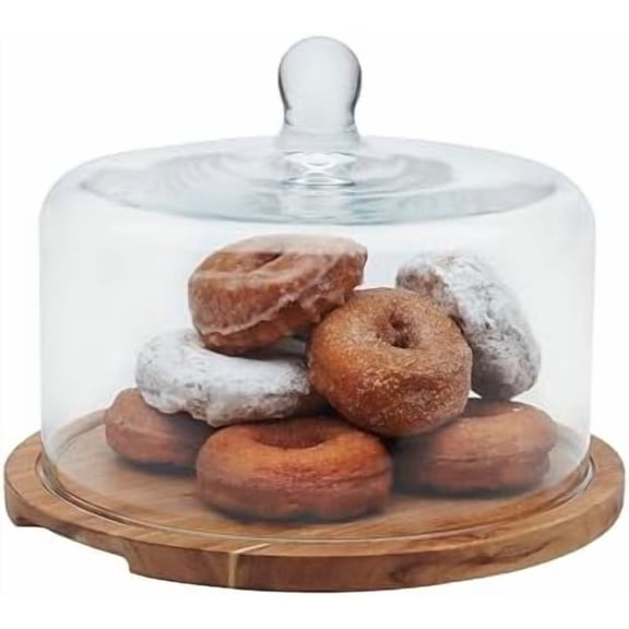 Acaciawood Flat Round Wood Server with Glass Dome