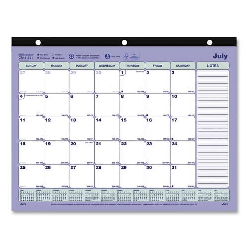 Academic 13-Month Binder-Insertable Desk Pad Calendar, 11 x 8.5, White/Blue/Green Sheets, 13-Month: July 2025 to July 2026 | Bundle of 10