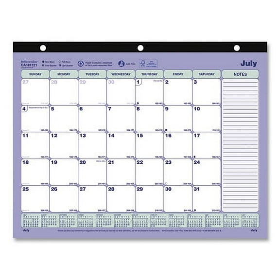 Academic 13-Month Binder-Insertable Desk Pad Calendar, 11 x 8.5, White/Blue/Green Sheets, 13-Month: July 2025 to July 2026 | Bundle of 2