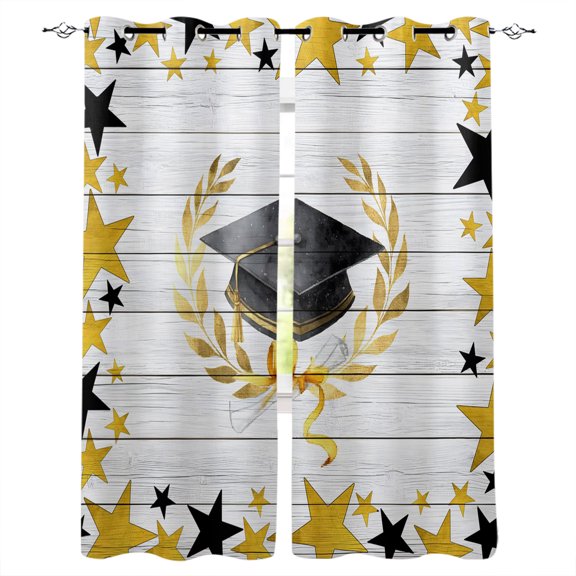 Academic Cap Diploma Blackout Curtains for Bedroom Living Room Darkening Curtains 63 Inches Long Modern Graduation Star Wooden Window Curtain 2 Panels Set Window Treatment Grommet Drapes 42"x63"