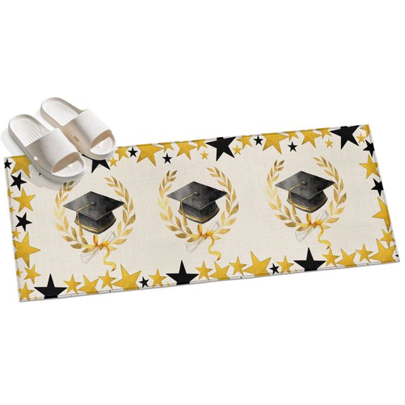 Academic Cap Diploma Hallway Runner Rug 2x6 Washable Non Slip Kitchen Runner Rug for Bedside Bathroom Modern Graduation Star Burlap Indoor Floor Carpet Area Rugs for Living Room Bedroom Office