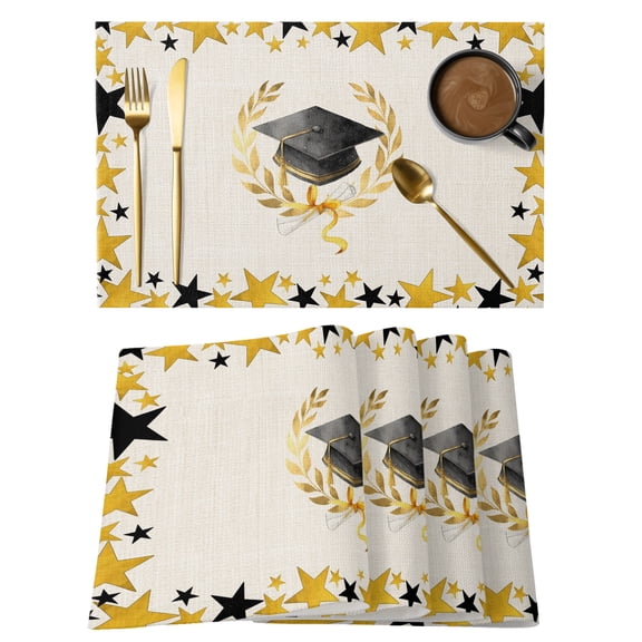 Academic Cap Diploma Placemats Set of 6 Modern Graduation Star Burlap Place Mats Indoor Wipeable Table Mats Washable Cloth Dining Table Placemats for Kitchen Holiday Party Home Decor 13x19 Inch