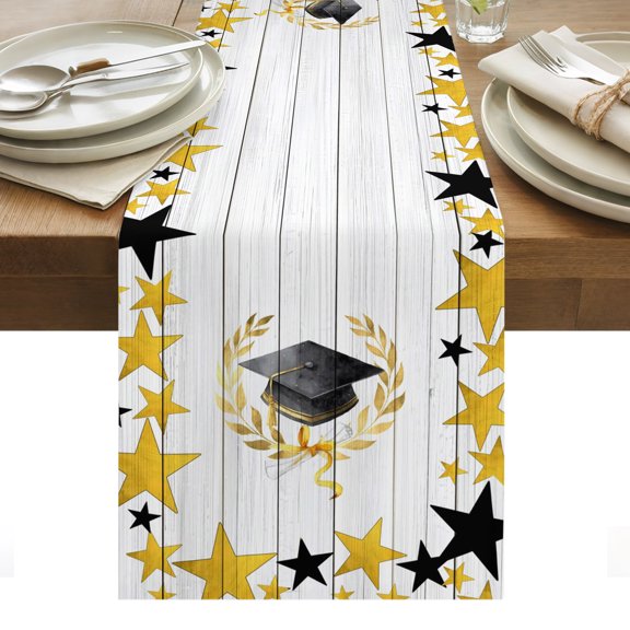 Academic Cap Diploma Table Runner Modern Graduation Star Wooden Tablerunners 13 x 36 Inch, Table Decorations Tabletop Scarf for Summer Gathering Holiday Farmhouse Kitchen Dining Decor