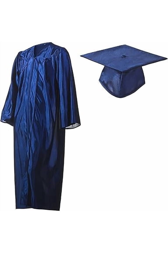 Academic Graduation Cap and Gown Shiny Navy Blue in Size 45 Plus (5'0" - 5'2", over 180 Ibs)