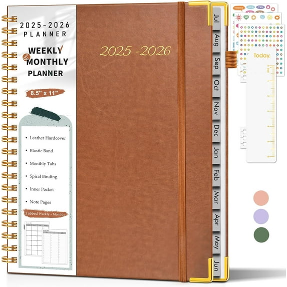 Academic Planner 2025-2026, Weekly and Monthly Calendar Planner from July 2025 - June 2026, 8.5" x 11" Hardcover Leather Hourly Appointment Book with Tabs, Spiral Daily Planners for College Schoo