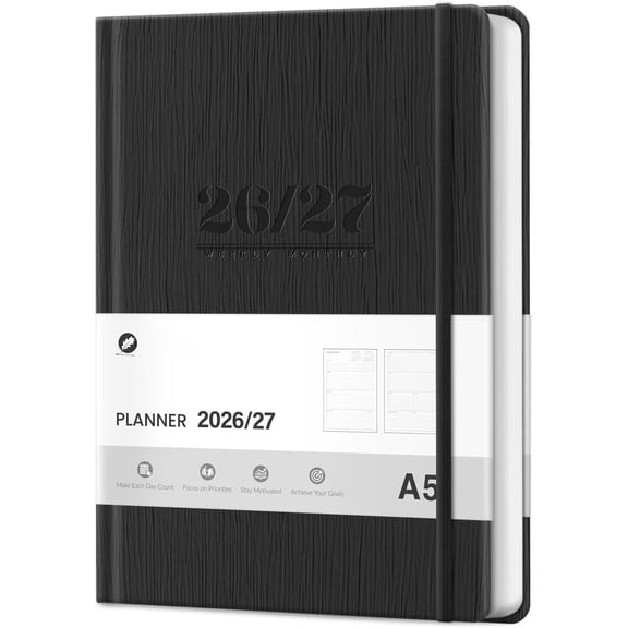 Academic Planner 2026-2027, A5 Daily Weekly and Monthly Planner 5.75" x 8.4", 13 Months Faux Leather School Year Agenda from Jul.2026 to Jul.2027 for Student and Teacher (Black)